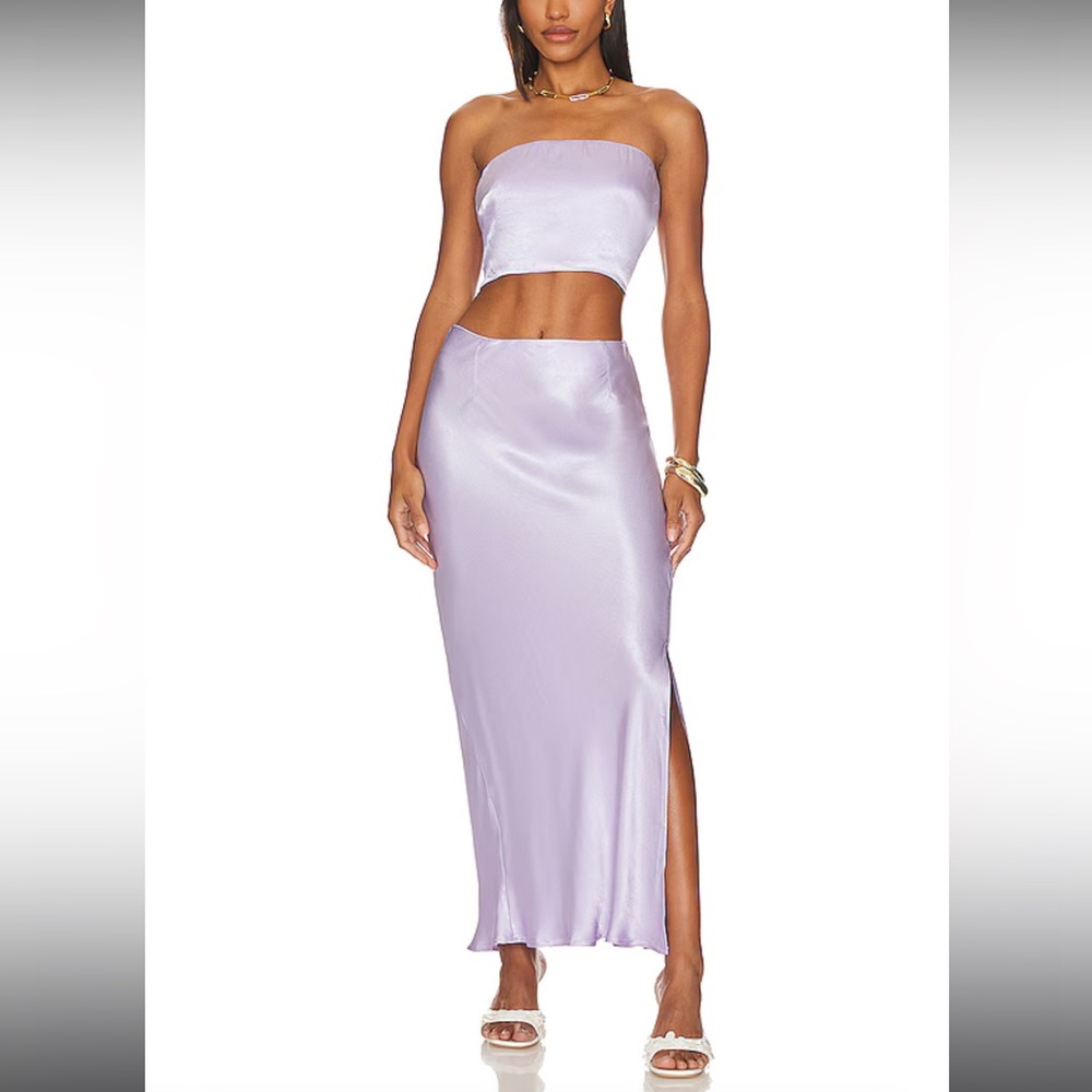 Revolve x Sndys angel strapless crop top and midi skirt lilac set